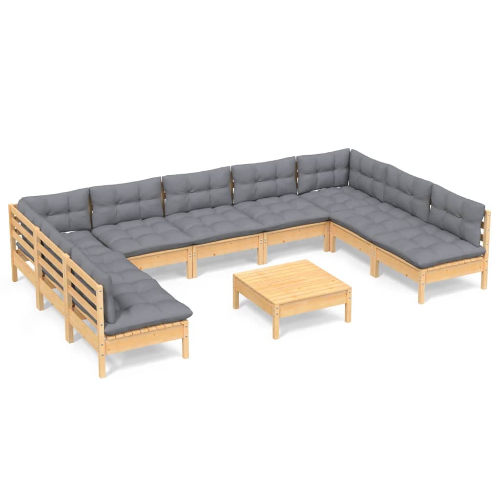 vidaXL Solid Pinewood Outdoor Patio Lounge Set w/Gray Cushions - 10 Piece Modular Garden Sofa Set