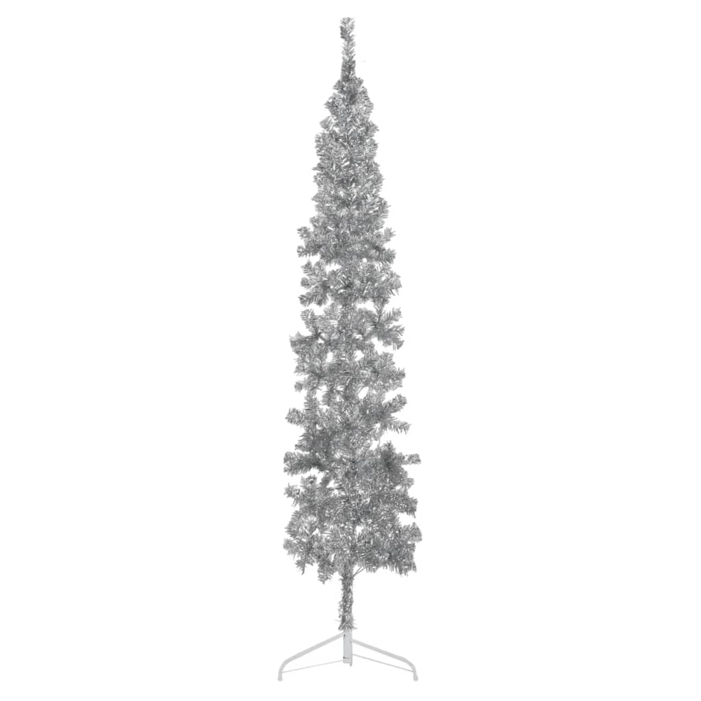 vidaXL 7ft Slim Artificial Half Christmas Tree with Stand - Space Saving Silver PVC Xmas Tree for Modern Home Decor