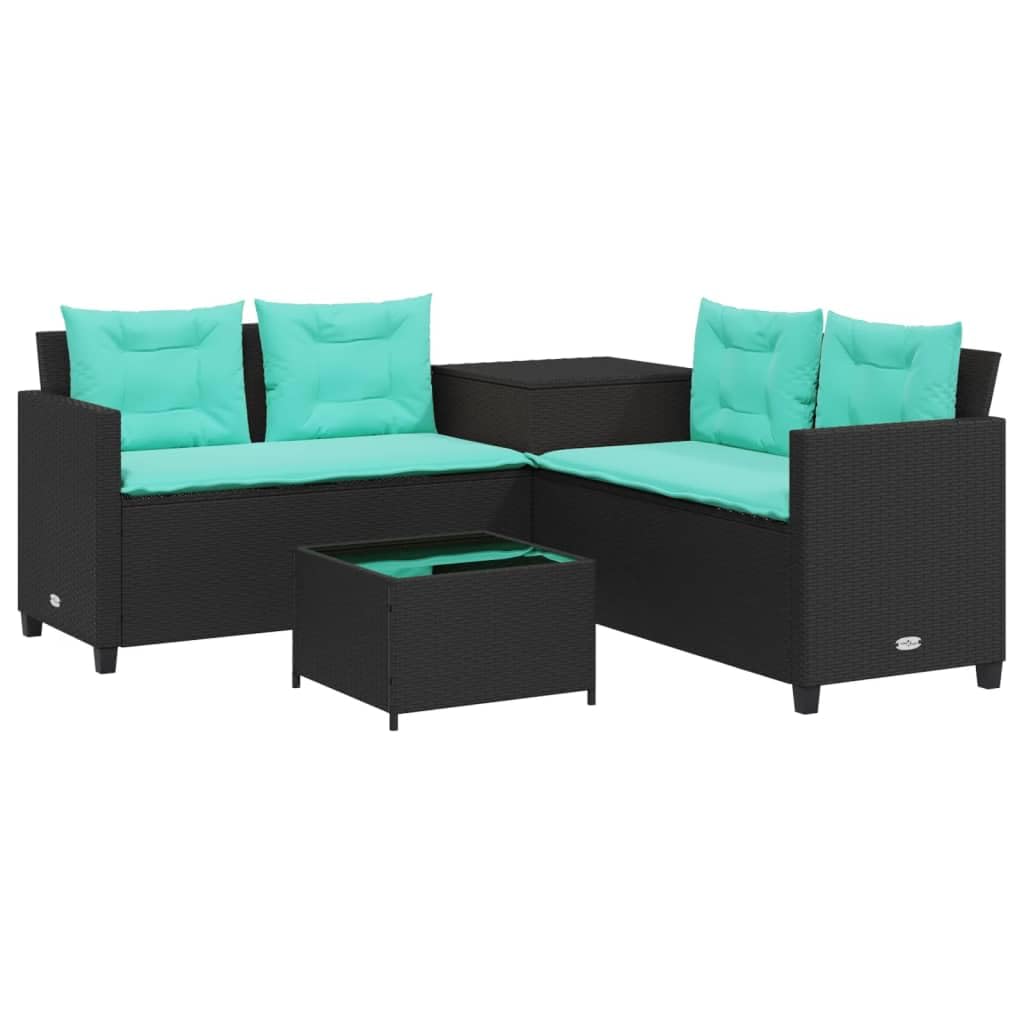 vidaXL Patio Sofa Set with Table L-Shaped Outdoor Lounge, Black Poly Rattan, Turquoise Cushions