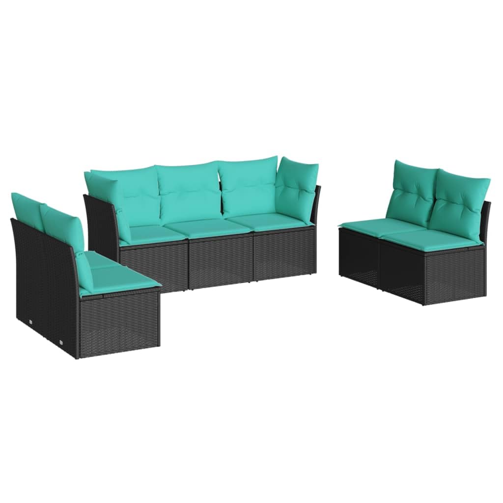 vidaXL Patio Sofa Set with Cushions - 7 Piece Modular Outdoor Furniture - Black Poly Rattan, Blue Cushions - Weather-Resistant Garden Lounge - Assembly Required