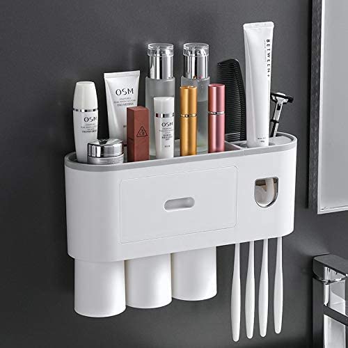 Wall Mounted Toothbrush Holder with Automatic Toothpaste Dispenser, Magnetic Cups & Drawer Organizer Shelf | Bathroom Space Save