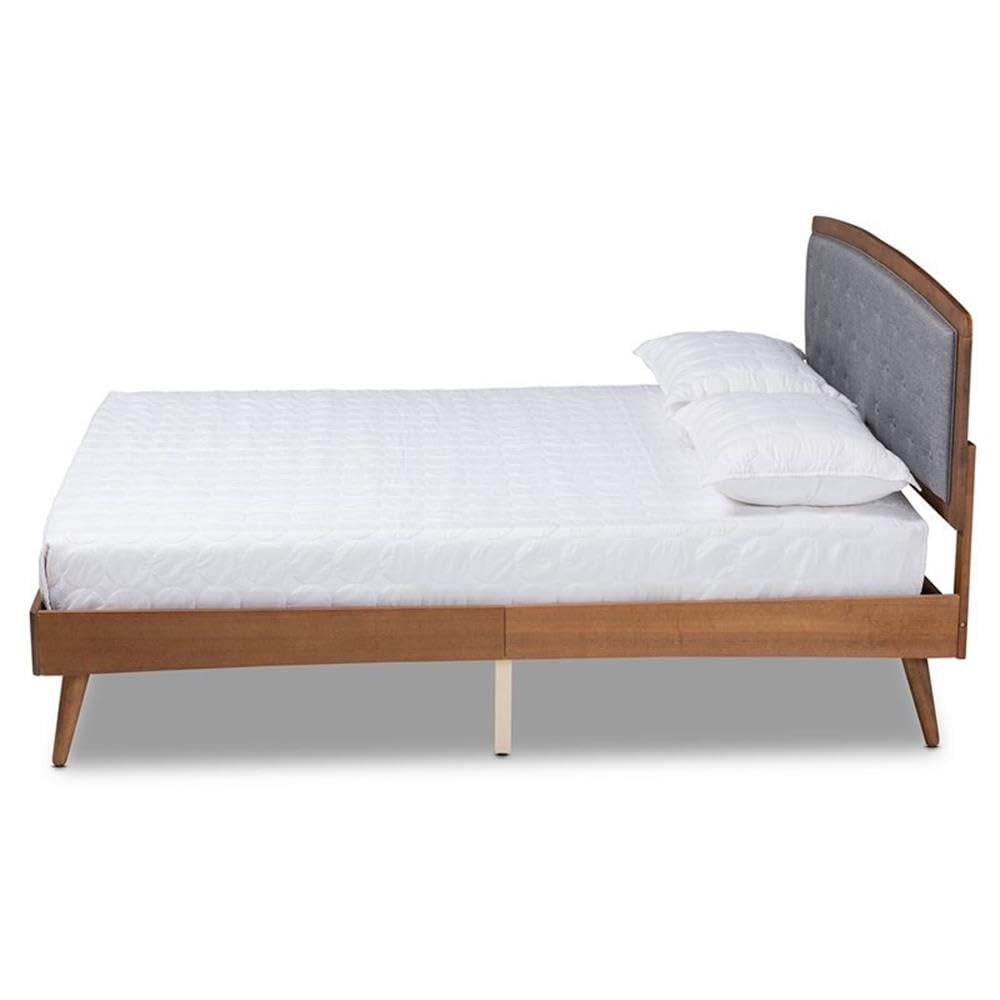 Baxton Studio Ratana Mid-Century Modern Transitional Grey Fabric Upholstered and Walnut Brown Finished Wood King Size Platform Bed