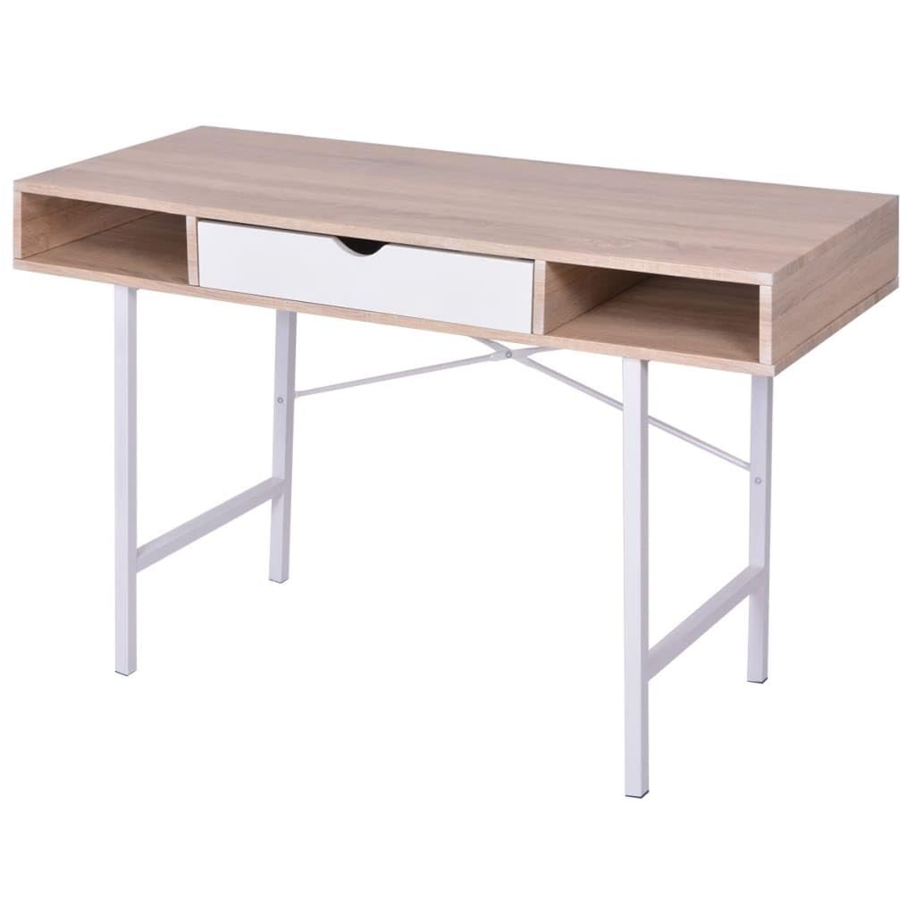 vidaXL Desk, Computer Desk with Drawer, Home Office Desk with Metal Legs, Living Room Writing Table Workstation, Modern Scandinavian, Oak and White