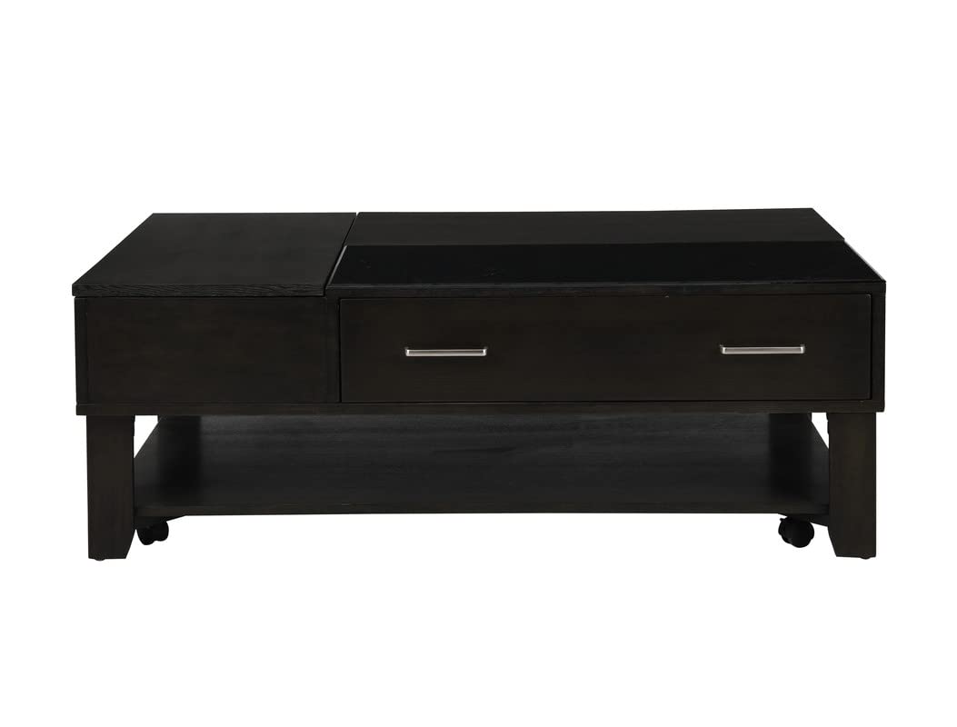 Lilola Home Bruno Ash Gray Wooden Lift Top Coffee Table with Tempered Glass Top and Drawer