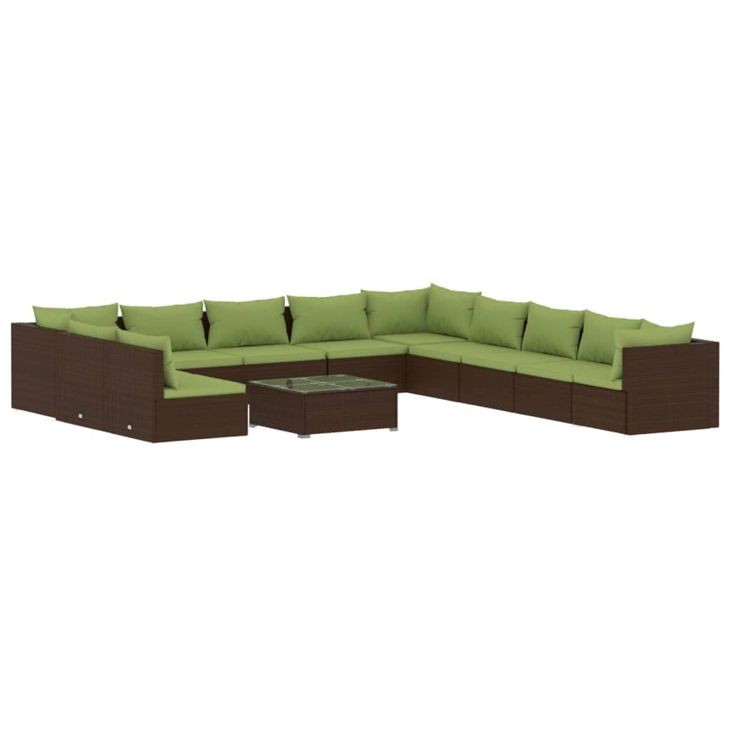 Vidaxl Patio Lounge Set, 12 Piece Garden Sofa Set With Cushions, Brown Poly Rattan, Modular Design, Water-Resistant Material, Lightweight And Durable, Comfortable Green Cushions