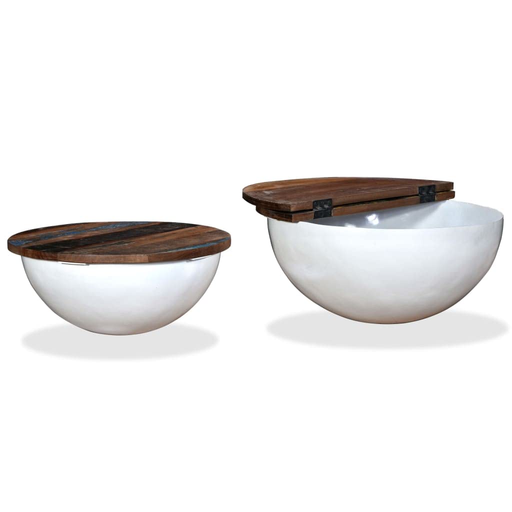 vidaXL Coffee Table Set of 2, Solid Reclaimed Wood with Bowl-Shaped Base, Industrial Design, Concealed Storage, White