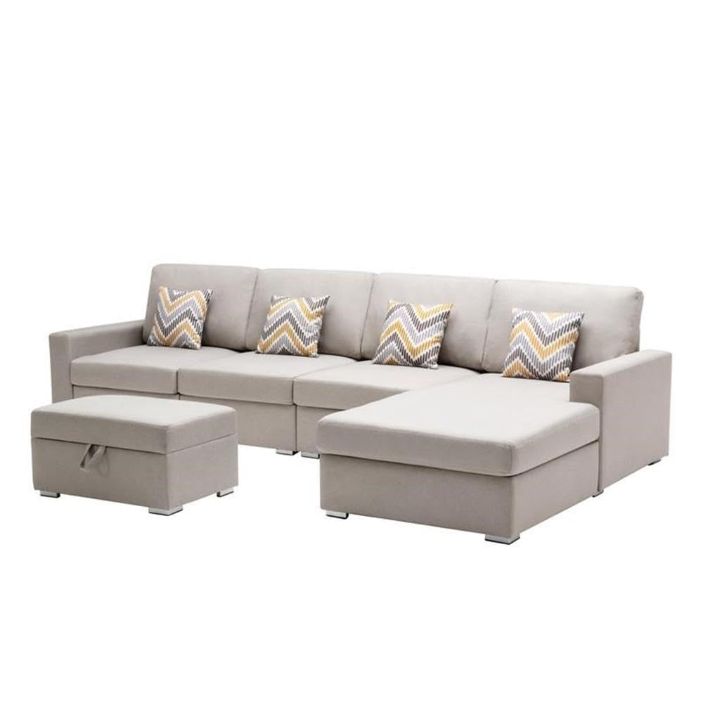 Lilola Home Nolan Beige Linen Fabric 5Pc Reversible Sofa Chaise with Interchangeable Legs, Storage Ottoman, and Pillows