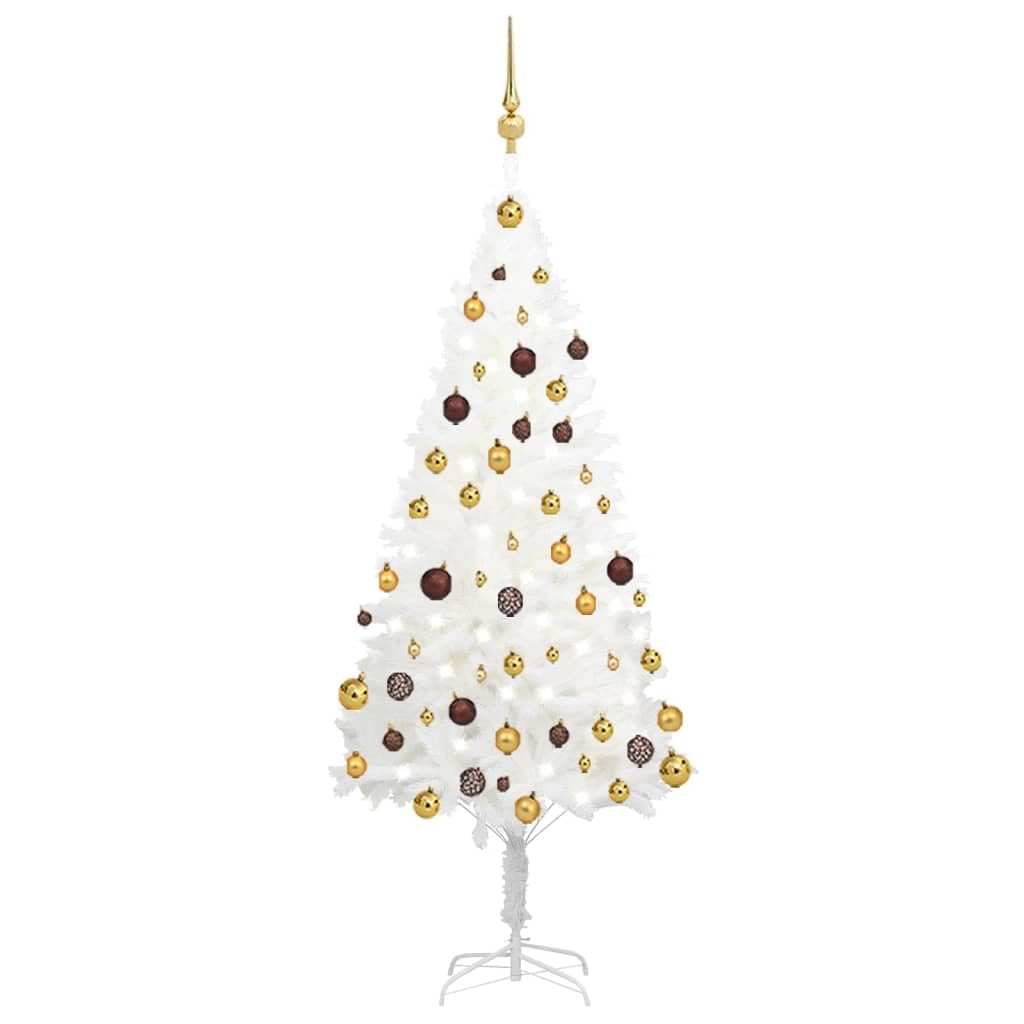 vidaXL 59.1&quot; Artificial Christmas Tree with Pot, LED Lights, and Gold Ball Decorations - White Polyethylene Xmas Tree with Weather-Resistant and Energy-Efficient Features