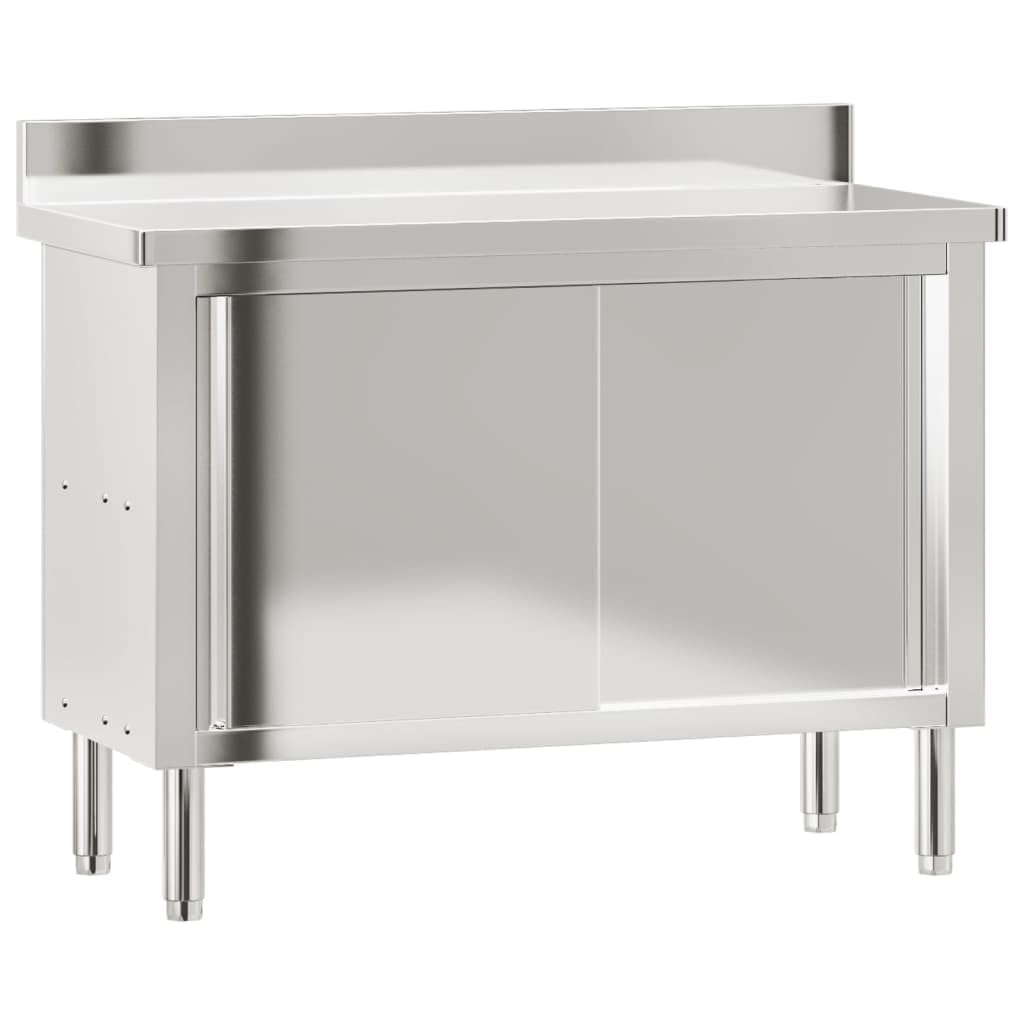 vidaXL Commercial Stainless Steel Kitchen Work Table with Sliding Doors – Silver, Adjustable Feet, Assembly Needed, for Restaurant & School, 376441