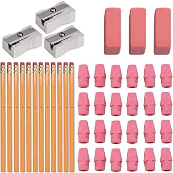 #2 Hb Pencils, Wood-Cased Pencils With Eraser Tops, 12 Pack - With 36 Pink Cap Erasers - With 4 Large Erasers - 100% Latex Free
