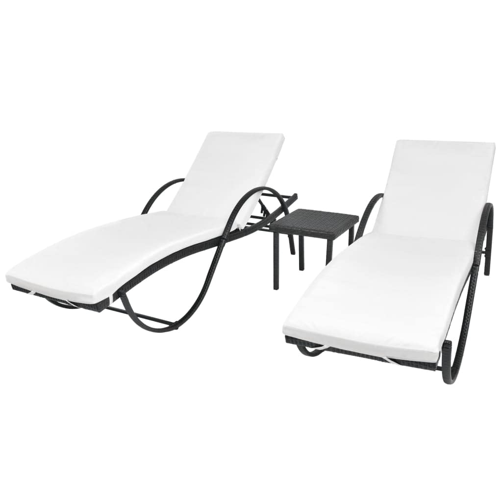 vidaXL Patio Lounge Chair 2 Pcs, Outdoor Chaise Lounge Chairs with Cushions and Backrest, Sunloungers with Table, Sunbeds, Poly Rattan Black