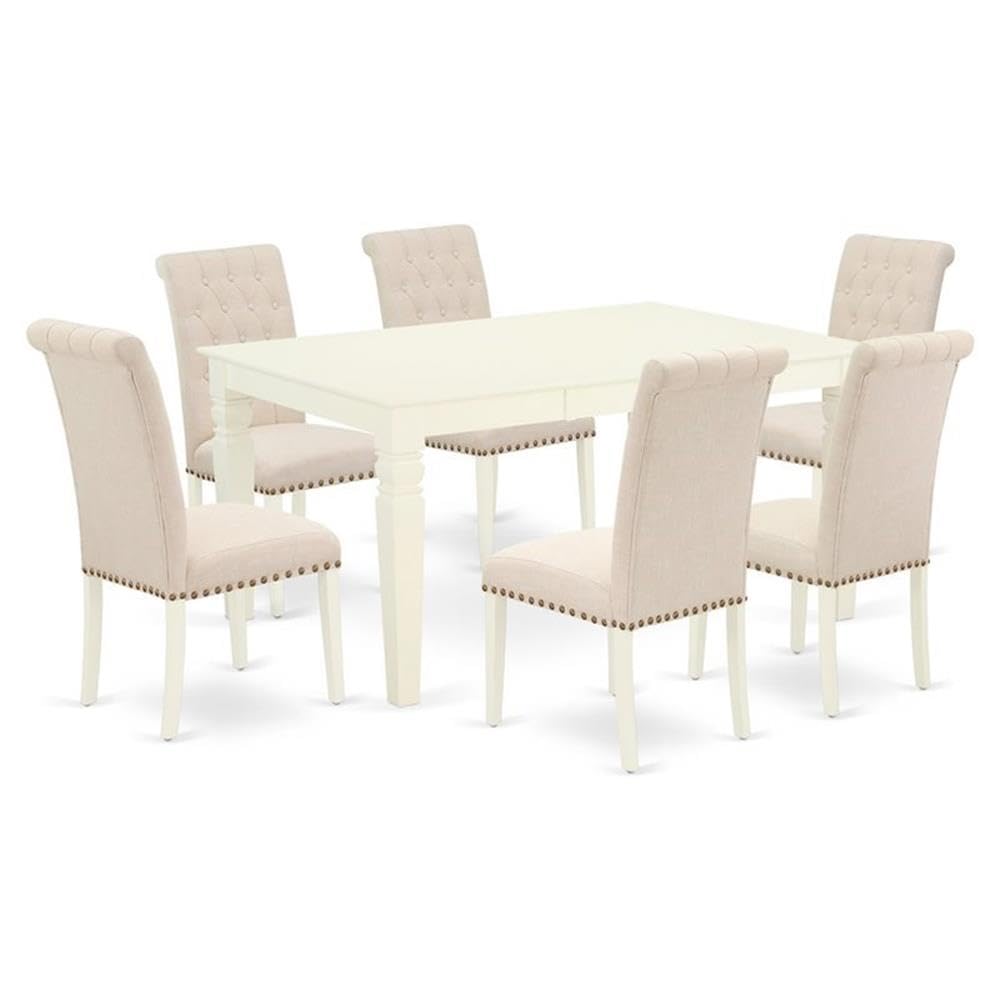 East West Furniture Webr7-Whi-02 7 Piece Kitchen Table Set Consist Of A Rectangle Dining Table With Butterfly Leaf And 6 Light Beige Linen Fabric Parson Chairs, 42X60 Inch, Linen White