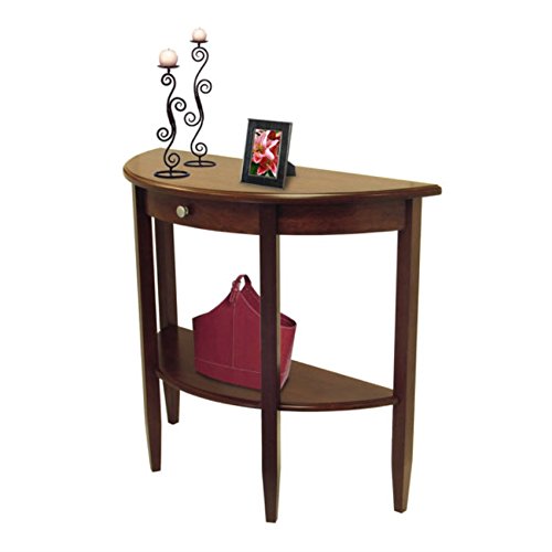 Half Moon Table With Walnut Finish, Tapered Legs, Drawer & Shelf | Dimensions: 39.29 Inch  W X 15.75 Inch  D X 33.66 Inch  H | Weight: 32.2 Lbs
