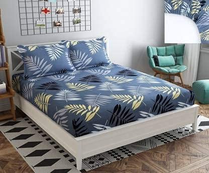 Tib 130 Gsm Cotton Feel Polycotton King Size Bed Sheet With 2 Pillow Covers, 90X100 Inches, Grey Leaves