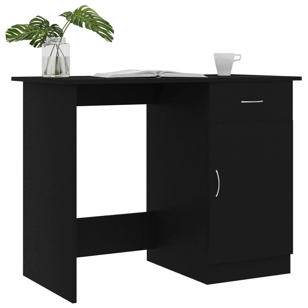 vidaXL Desk Computer Desk Home Office Desk with Drawer Black Engineered Wood