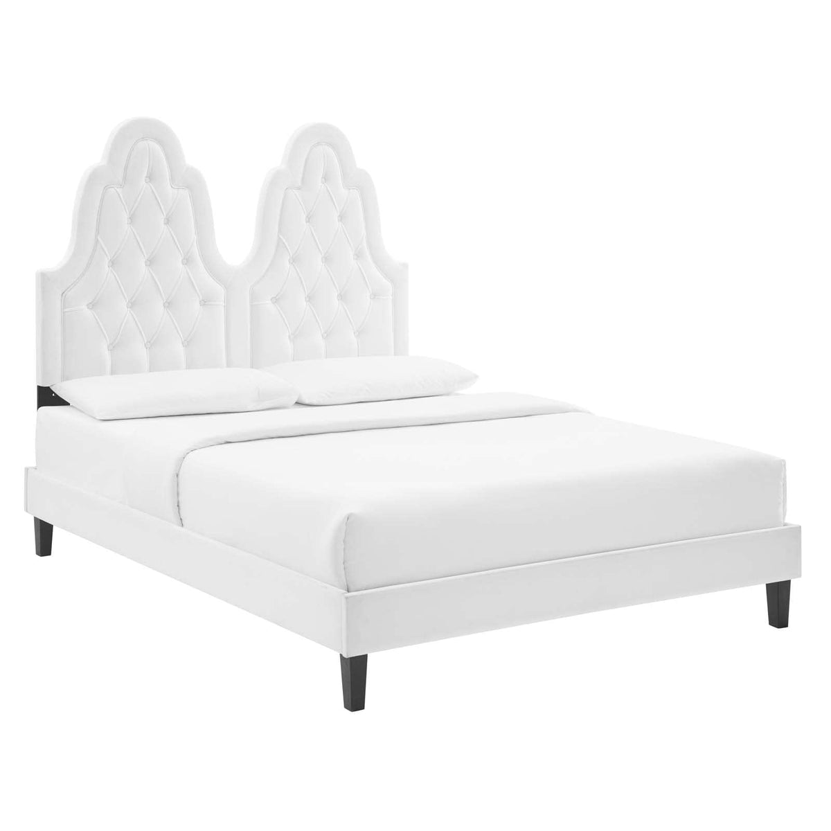 Modway Alexandria Tufted Performance Velvet Queen Platform Bed in White with Black Wood Legs