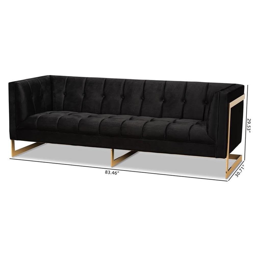 Baxton Studio Ambra Black Velvet and Button Tufted Sofa with Gold-Tone Frame