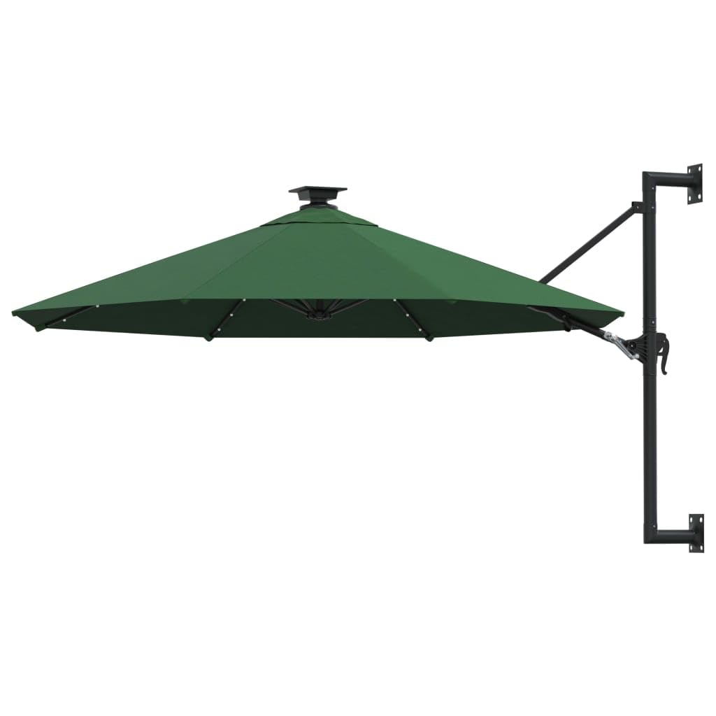 vidaXL Round Wall-mounted Parasol with LED Lights and Metal Pole - Green, UV-Protective Polyester Canopy, Crank Mechanism, Stable and Durable, Perfect for Outdoor Spaces.