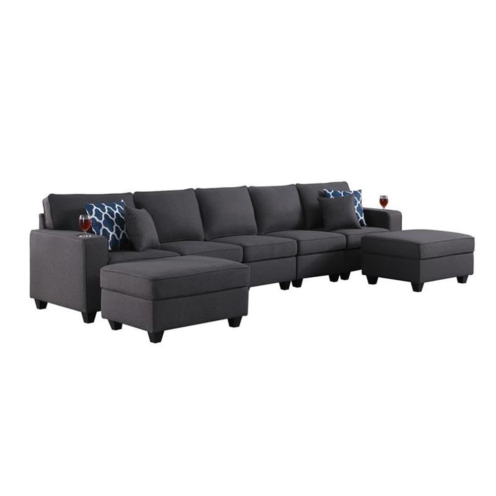 Lilola Home Cooper Dark Gray Linen 5-Seater Sofa with 2 Ottomans and Cupholder