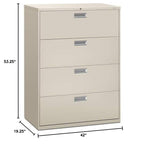 Hon 600 Series Standard Lateral Files W/Locks-4 Drawer Lateral File W/Lock, 42"X19-1/4"X53-1/4", Light Gy