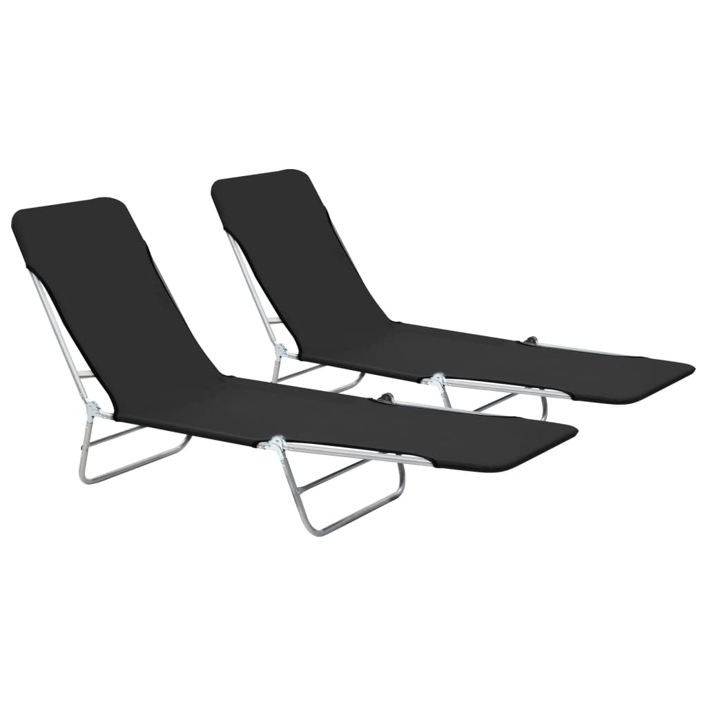 Vidaxl 2X Folding Sun Loungers Camping Outdoor Garden Patio Beach Poolside Sun Relaxing Chaise Lounge Chair Seating Steel And Fabric Black