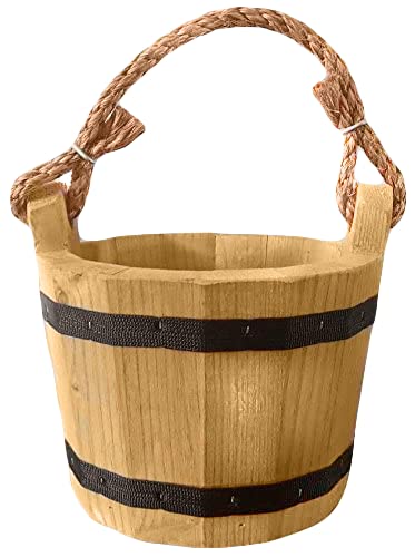 Wooden Bucket 6' X 8' Water Wishing Well Pail With Rope Twine Handle Solid Wood Vintage Style Primitive Planter Handmade In Th