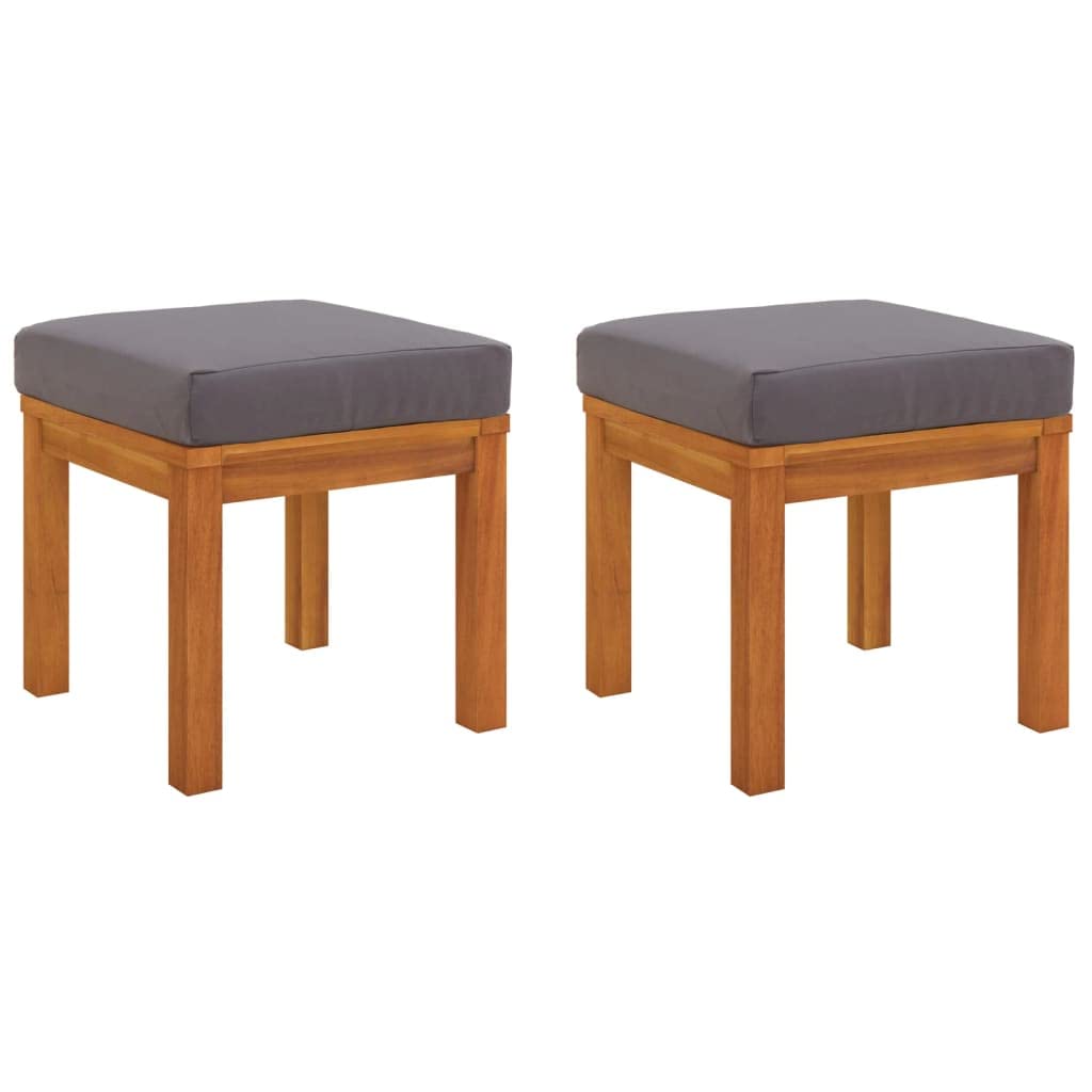 vidaXL Solid Acacia Wood Patio Stools with Cushions - Set of 2 - Durable Outdoor Furniture - Grey Cushions Included - Easy Assem