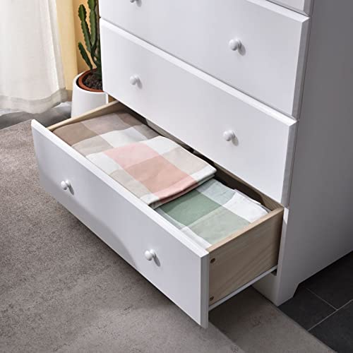 Solid Pine Wood 5 Drawer Chest Dresser (White)