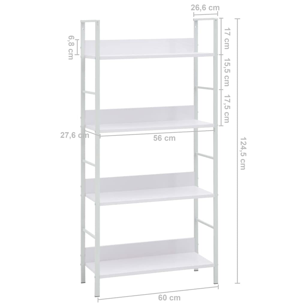 vidaXL 4-Layer Book Shelf - White, Engineered Wood and Steel Structure, Indoor and Outdoor Usable Stand for Storing Books, Items and Plant Display