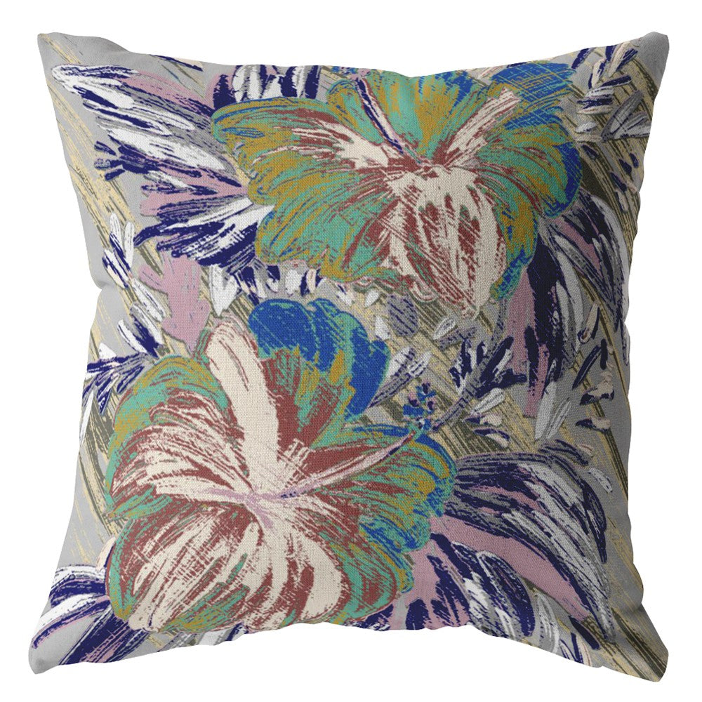 HomeRoots Green On Muted Purple 16â€ Lilac Green Hibiscus Suede Decorative Throw Pillow