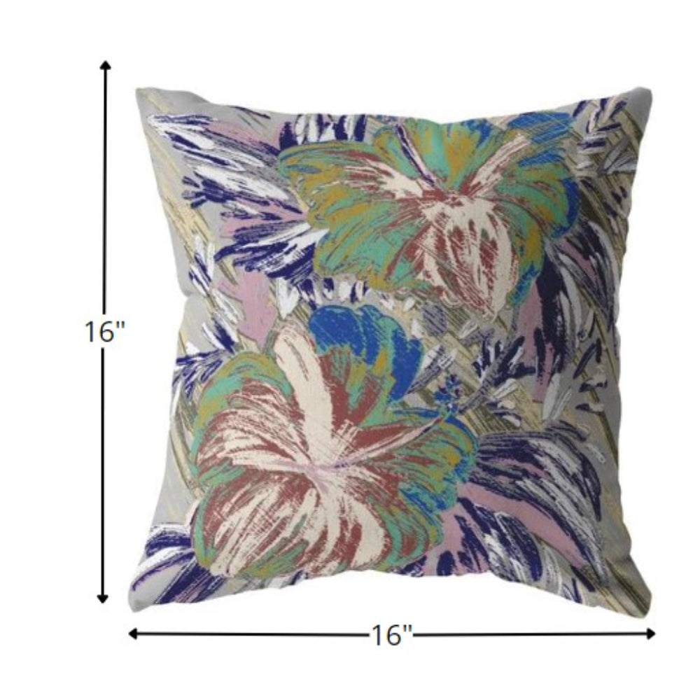 HomeRoots Green On Muted Purple 16â€ Lilac Green Hibiscus Suede Decorative Throw Pillow