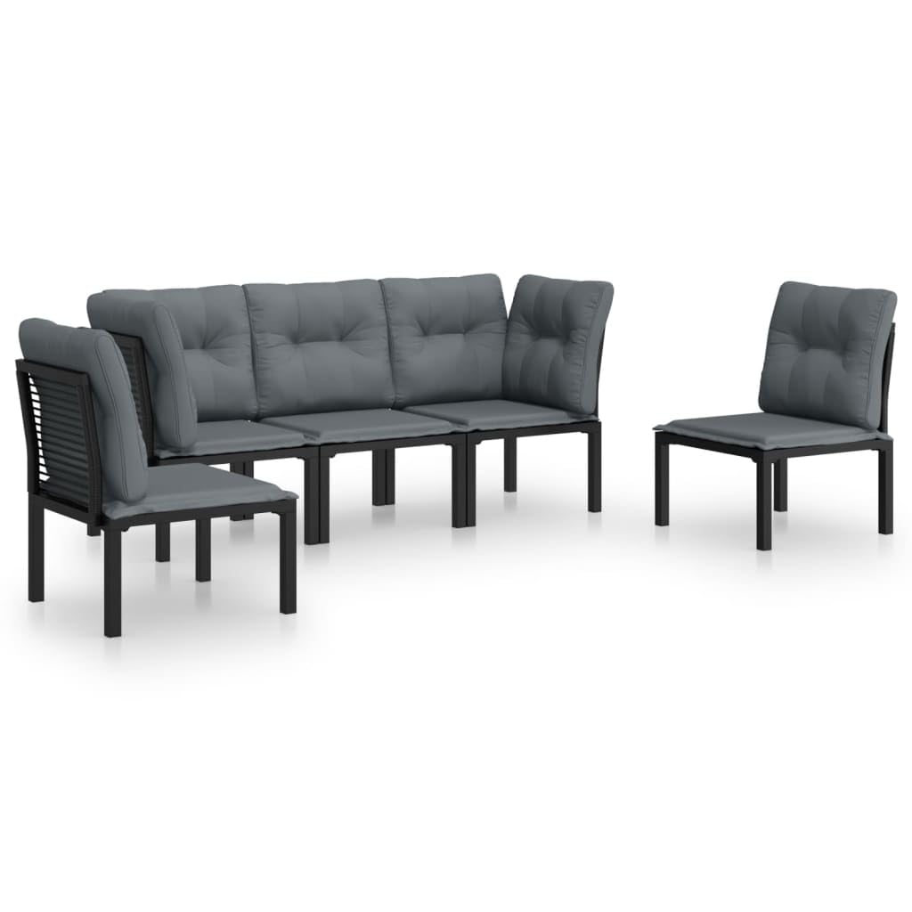 vidaXL 5 Piece Patio Lounge Set in Black Poly Rattan with Powder-coated Steel Frame and Dark Grey Cushions - Comfortable Outdoor Seating with Modular Design and Easy Assembly
