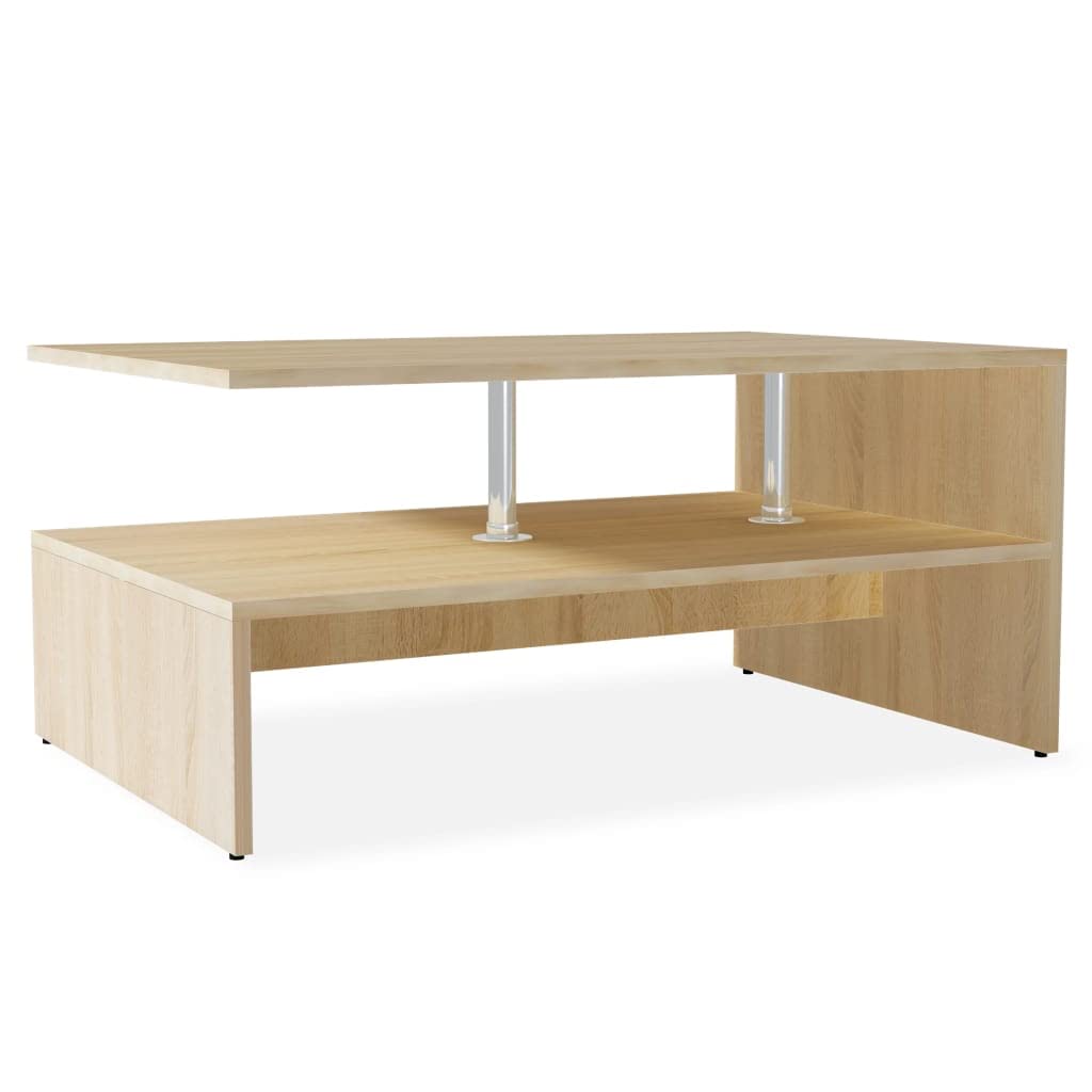 vidaXL Modern Coffee Table with Storage Space, Engineered Wood, PVC Edges, Stainless Steel Supports, Easy to Assemble, Oak Finish, 35.4x23.2x16.5