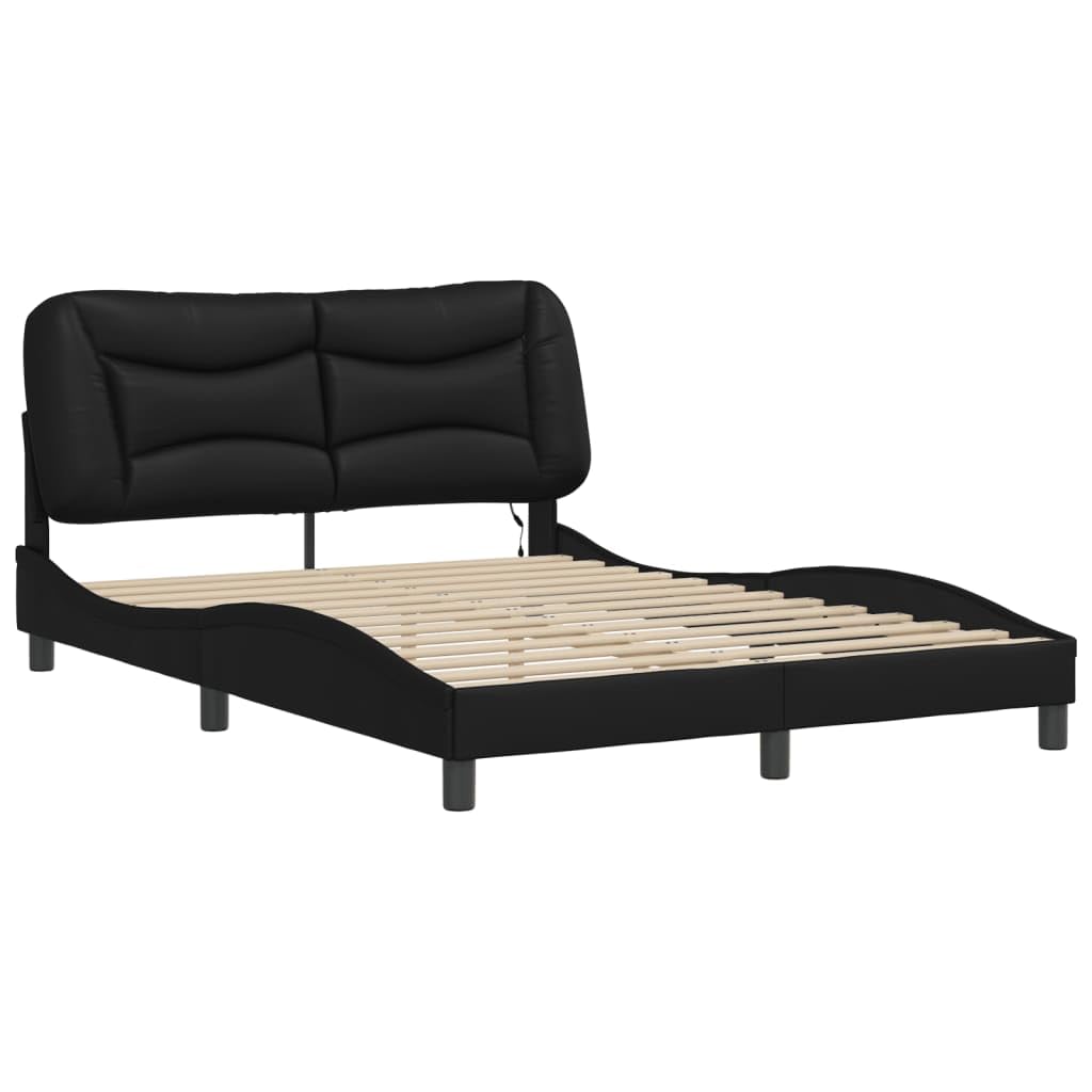 vidaXL Modern Full-Size Bed Frame - Black Faux Leather with LED Lights, Plywood Slats and Headboard, 53.9"x74.8"