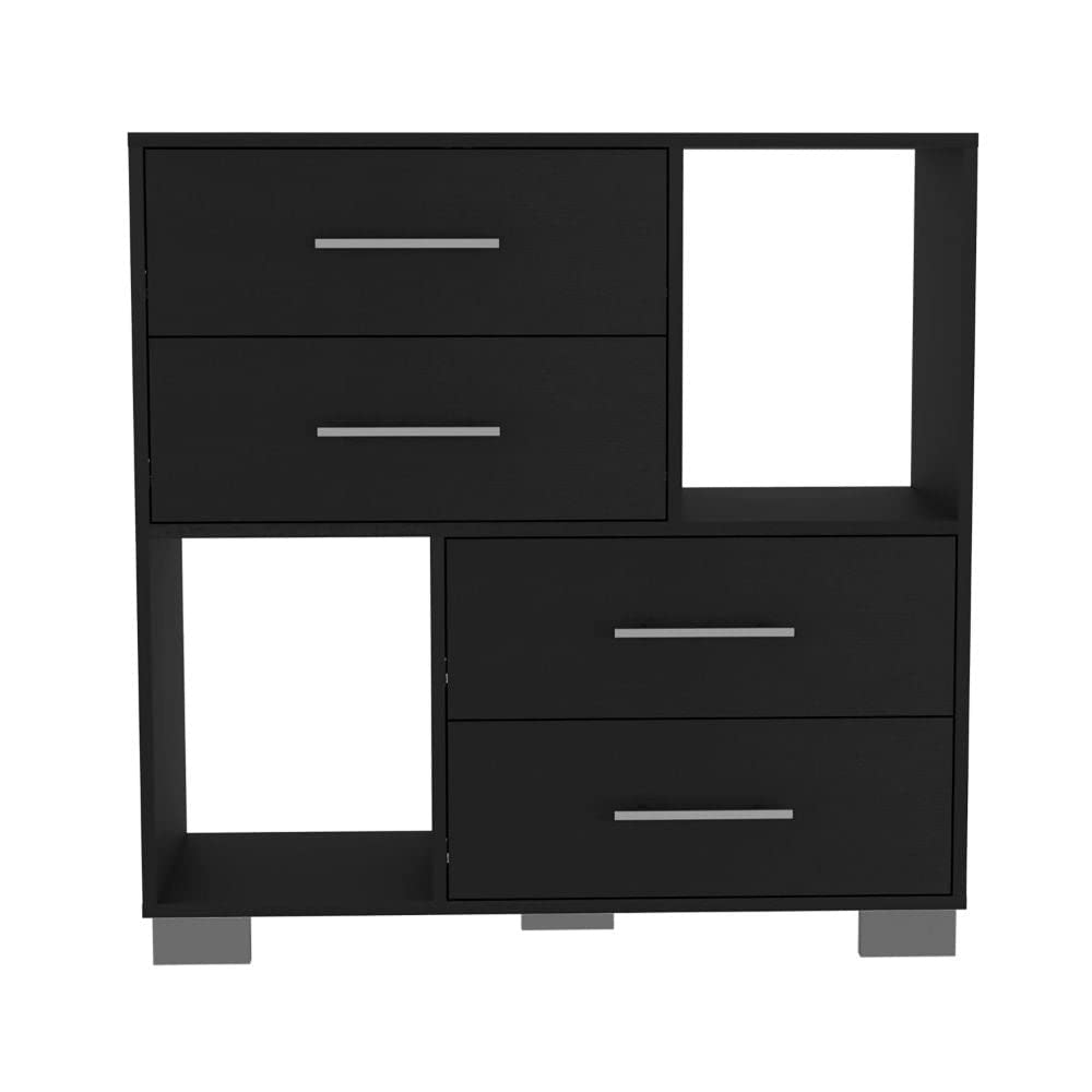 Dresser 35&Quot; H, 2 Open Shelves, 4 Drawers, Metal Handles, Black