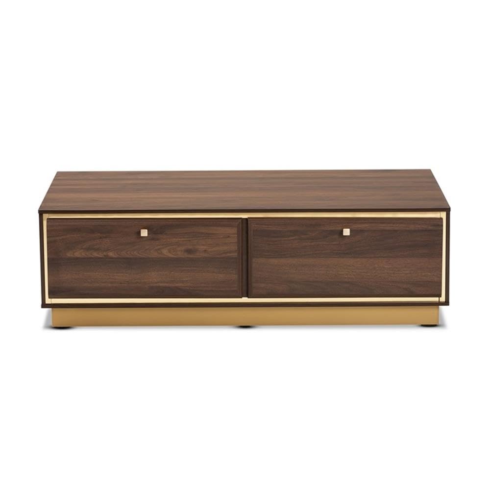 Baxton Studio Cormac Mid-Century Modern Transitional Walnut Brown Finished Wood and Gold Metal 2-Drawer Coffee Table