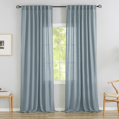Light Stone Blue Linen Back Tab Curtains 90 Inches Long 2 Panels Set For Dining Cottage- Soft Light Weight Airy Semi Privacy Sheer Curtains Hooks Pocket Light Filtering Curtains 52 X 90 Inch Length