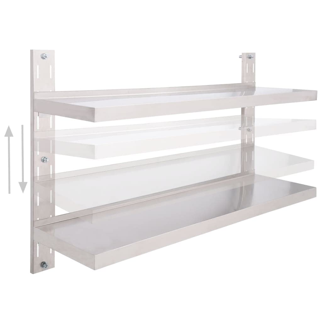 vidaXL 2-Tier Kitchen Wall Shelf Stainless Steel - 47.2&quot;x11.8&quot;, Adjustable Mounting, 88.2lbs Load Capacity, Hygienic Design, Space Saving, Durable, with Wall Mounting Brackets