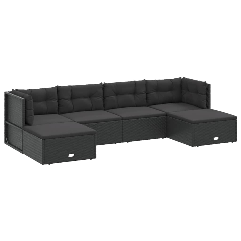 Vidaxl 6 Piece Modern Patio Lounge Set With Cushions - Weather-Resistant Black Poly Rattan Furniture - Adjustable Corner Sofa - Powder-Coated Steel Frame - Versatile Modular Design