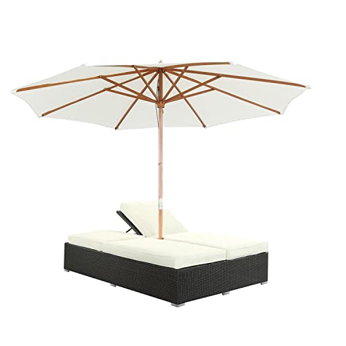 Modway Arrival Wicker Rattan Outdoor Patio Upholstered Double Chaise Lounge Chair in Espresso White With Umbrella