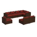 vidaXL 8-Pc Patio Lounge Set in Brown Poly Rattan- Contemporary Outdoor Sofa Set with Powder-Coated Steel Frame and Red Polyester Cushions