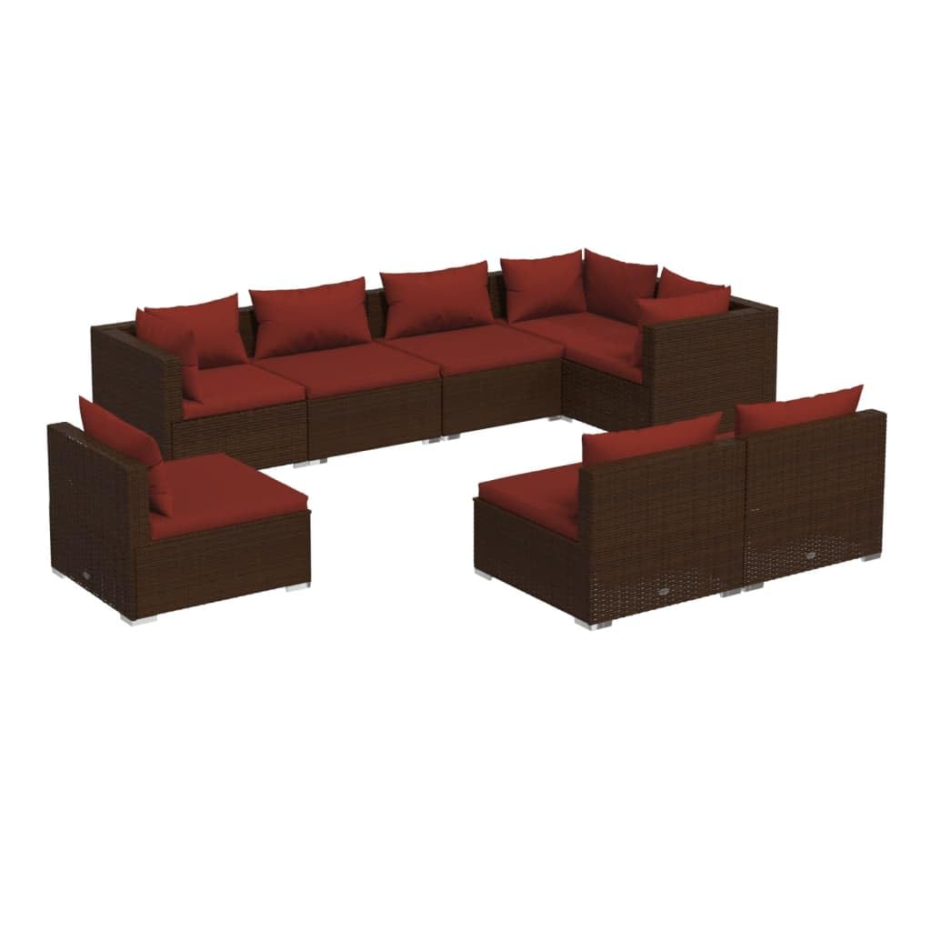 vidaXL 8-Pc Patio Lounge Set in Brown Poly Rattan- Contemporary Outdoor Sofa Set with Powder-Coated Steel Frame and Red Polyester Cushions