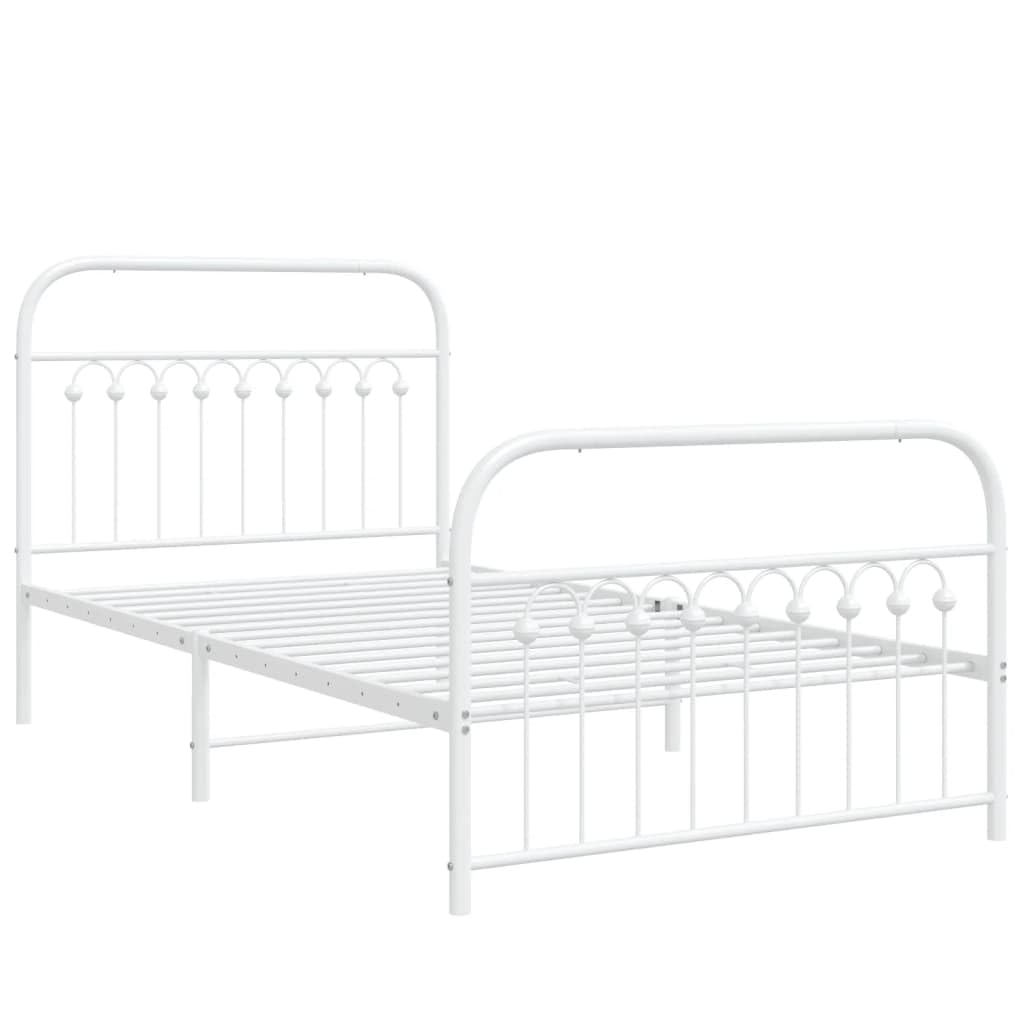 vidaXL Metal Bed Frame with Headboard and Footboard - White - 100x200 cm - Steel Single Bed Frame with Extra Storage Space