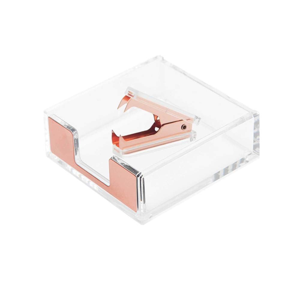 Clear Acrylic Rose Gold Self-Stick Note Cube Holders | Staple Removers Set Desktop Memo Pad Dispenser 3.5X3.3 Inch | Staples Rem
