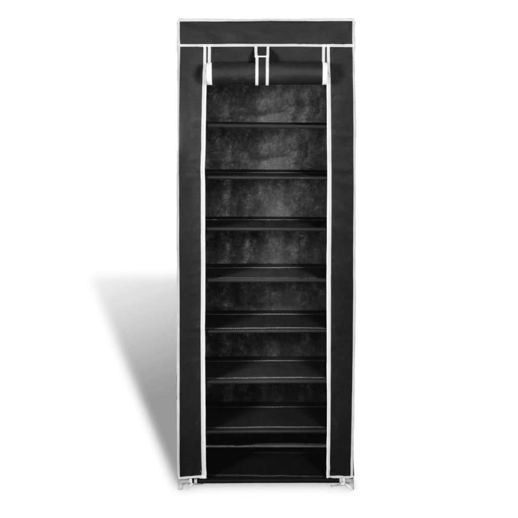vidaXL 8-Tier Fabric Shoe Cabinet with Cover - Space-Saving Shoe Organizer, Dust-Proof, Lightweight and Portable, Black, Hold Up to 20 Pairs of Shoes, 22" x 11" x 64"