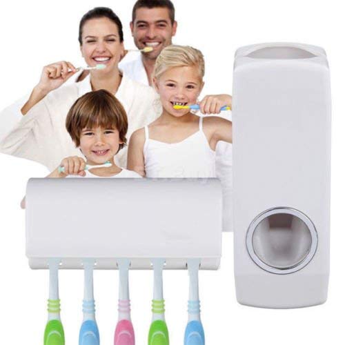 YUVI TRADERS Plastic Multifunction Toothpaste Dispenser with Toothbrush Holder, White, 20.3x5.1x7.6cm