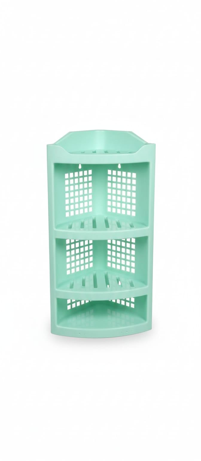 Wooden Grove Plastic Corner Shelf, 3Tier Bathroom Organiser, Mint Green, Freestanding Storage Rack