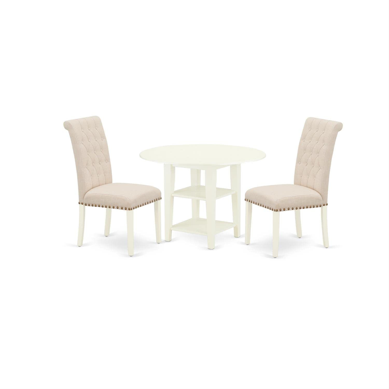 East West Furniture Subr3-Lwh-02 3 Piece Dining Set Contains A Round Dining Room Table With Dropleaf & Shelves And 2 Light Beige Linen Fabric Upholstered Chairs, 42X42 Inch, Linen White