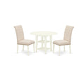 East West Furniture Subr3-Lwh-02 3 Piece Dining Set Contains A Round Dining Room Table With Dropleaf & Shelves And 2 Light Beige Linen Fabric Upholstered Chairs, 42X42 Inch, Linen White
