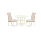 East West Furniture Subr3-Lwh-02 3 Piece Dining Set Contains A Round Dining Room Table With Dropleaf & Shelves And 2 Light Beige Linen Fabric Upholstered Chairs, 42X42 Inch, Linen White